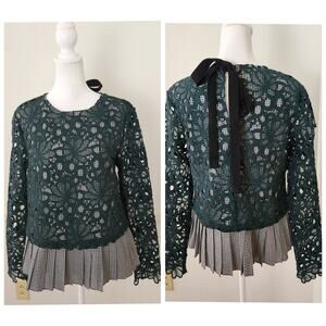 Anthropologie Maeve Shirt Size Small Green Lace Pleated Top Gabriella Gingham